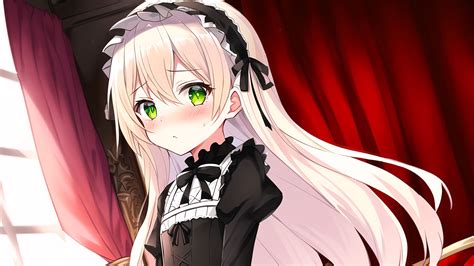 Green Eyes Anime Girl Blush Maid Long Hair White Black Dress HD Anime ...