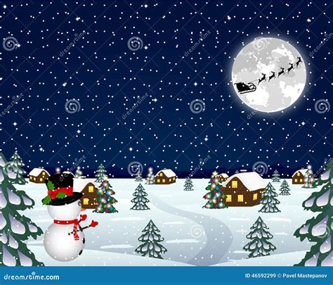 Landscape in the Christmas Night Stock Illustration - Illustration of ...