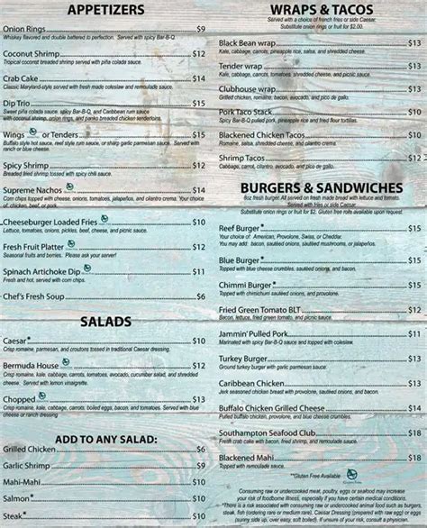 Menu at Coral Reef Bar & Grill, Orlando