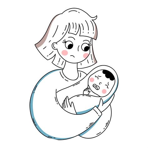 Sad mom holds crying baby in her arms. Mother and infant. Vector doodle ...