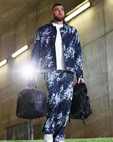 Shop New Travis Kelce Blue Slashed Floral Print Denim Suit