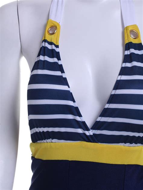 Navy Halter Striped Backless Swimwear -SheIn(Sheinside)