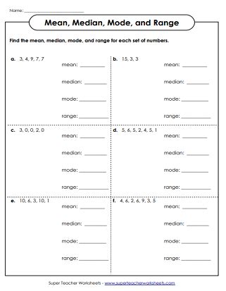 Mean (Average), Median, Mode, and Range Worksheets