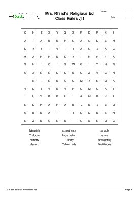 Mrs. Rhind's Religious Ed Class Rules :)!! - Wordsearch - Quickworksheets