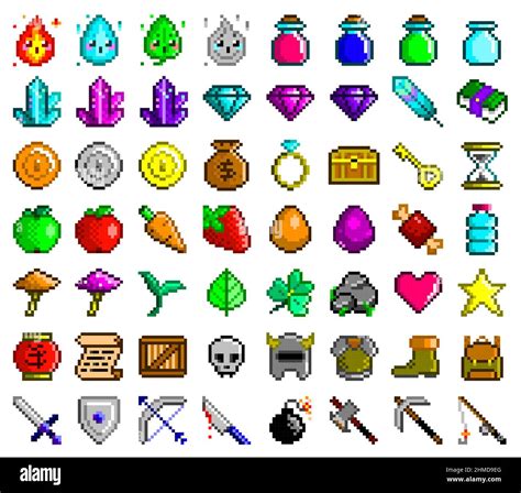 Pixel art vector icons set. Game assets - food, flasks, gems, tools, armor, weapons, coins ...