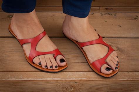 Red Leather Sandals Red Sandals Asymmetric Sandals Summer