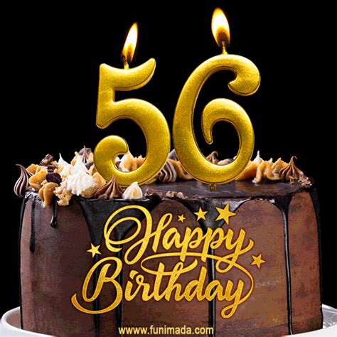 56 Birthday Chocolate Cake with Gold Glitter Number 56 Candles (GIF ...