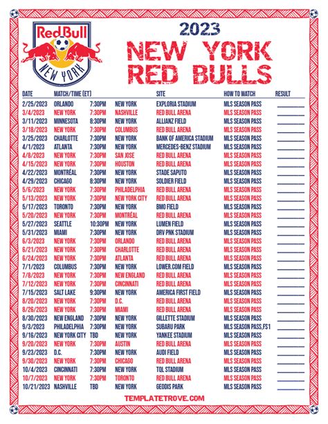 Printable2023 New York Red Bulls Soccer Schedule