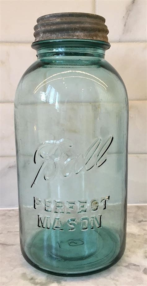 Vintage Half Gallon Ball Jar Circa 1920s - 1930s Blue Color Shabby Chic Kitchen