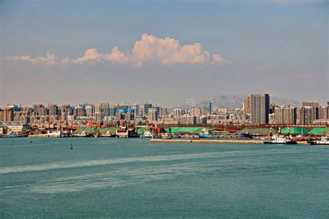 Panoramic Views of Piers, Sea Vessels, Tugboats and the City of Rizhao ...