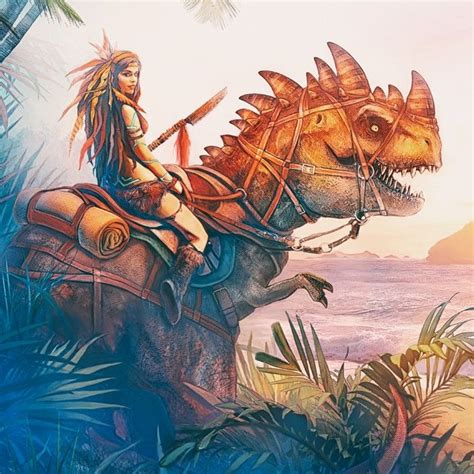 a painting of a woman riding on the back of a dinosaur in front of water