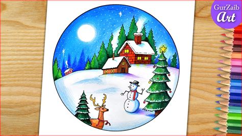 How to draw Merry Christmas Drawing 🎄 scenery step by step for ...