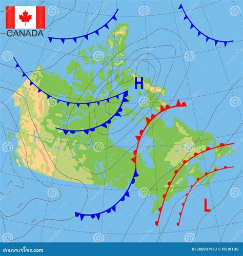 Weather Map Of The Canada. Realistic Synoptic Map Of The Country ...