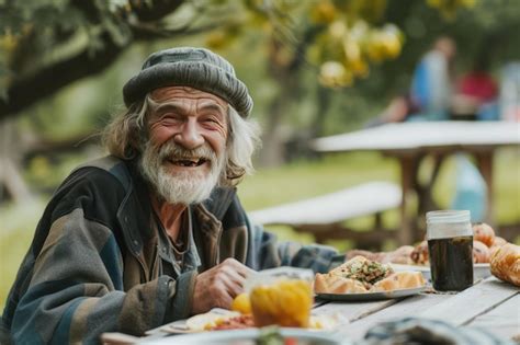 Premium Photo | Elderly Homeless Man Sitting at Outdoor Picnic Table With Food