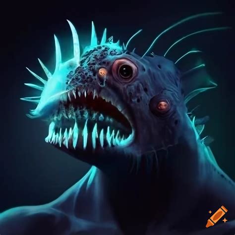 Muscular humanoid anglerfish deep sea monster portrait on Craiyon