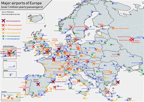 [OC] Major airports of Europe, over 1 million yearly passengers : r/europe