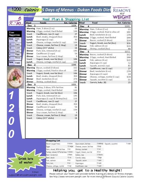 Printable 1200 Calorie Dukan Diet for weight loss with shopping list