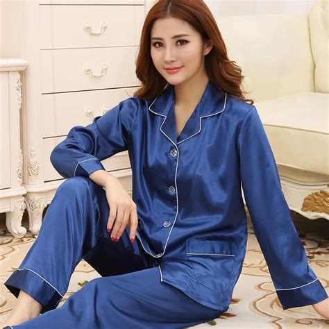 Spring new women's silk pajamas sexy blue long sleeve Women Pyjamas ...