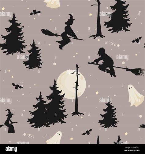 Night seamless background with withes and ghost flying above the forest in the night sky. Vector ...