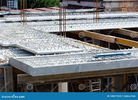 View of the Concrete Slabs and Reinforcement at the Construction Site of a Residential House ...