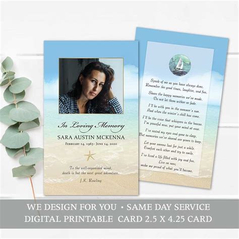 Funeral Mass Card Printable Template Beach Ocean Theme Keepsake