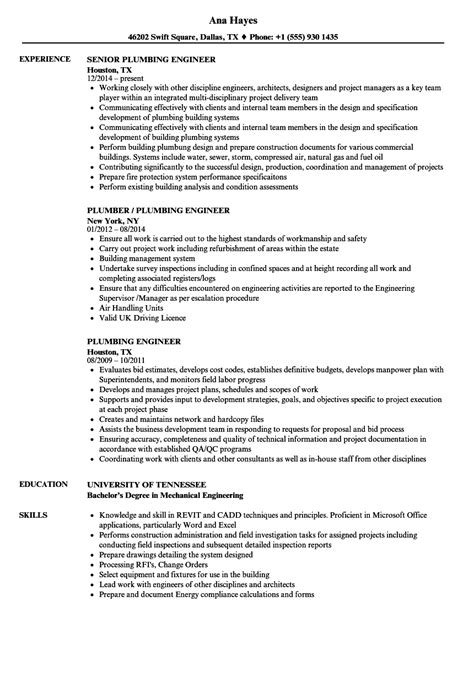 Plumbing Engineer Resume Samples | Velvet Jobs