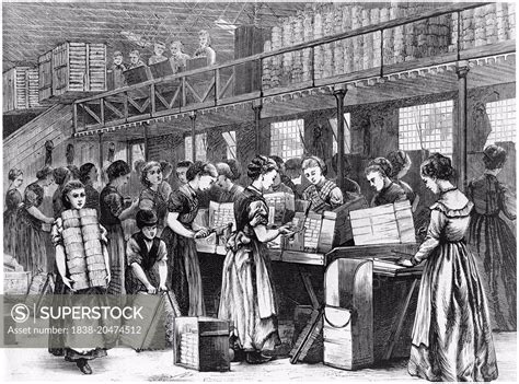 Women Workers in Cigarette Factory, Ilustration, circa 1870 - SuperStock