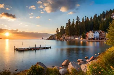 Premium Photo | A beautiful sunrise over a lake with a dock and a dock in the foreground.