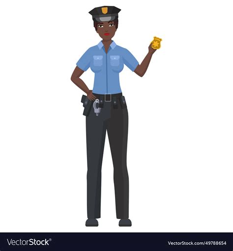 Black police woman shows badge Royalty Free Vector Image