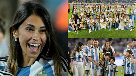 Lionel Messi's wife Antonela Roccuzzo poses in awesome World Cup trophy squad photo with rest of ...