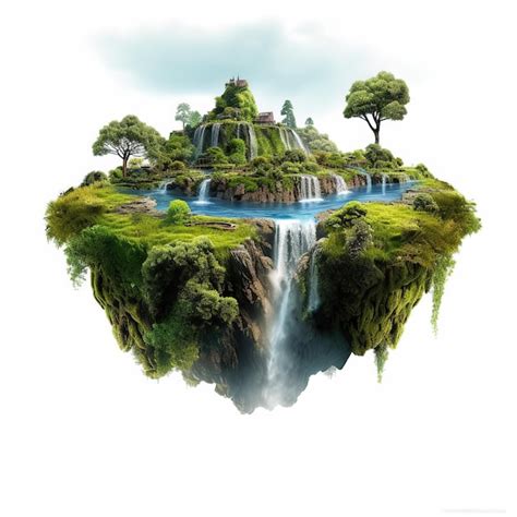 Premium Photo | A picture of a floating island with a waterfall and a waterfall in the middle.