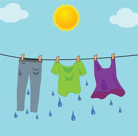 Cartoon hanging wet clothes, pants, shirt. Drying clothes on cloth line on windy outdoor ...