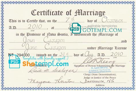 Canada Province of Nova Scotia marriage certificate template in PSD format