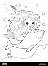 Cute Mermaid Girl And Dolphin Outline coloring Page Illustration For  sketch template