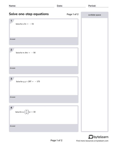 Solve One-Step Equations Worksheets [PDF] (7.EE.B.3): 7th Grade Math