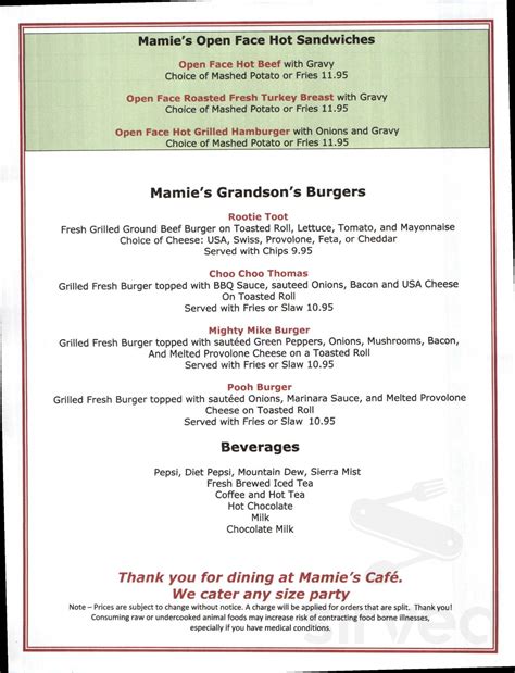 Mamie's Cafe menu in Aberdeen, Maryland, USA