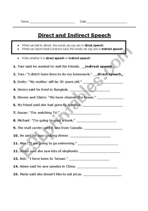 Direct and Indirect Speech - ESL worksheet by JewellS