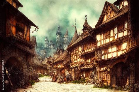 Fantasy medieval town illustration. Watercolor painting of old town with taverns. Empty city ...