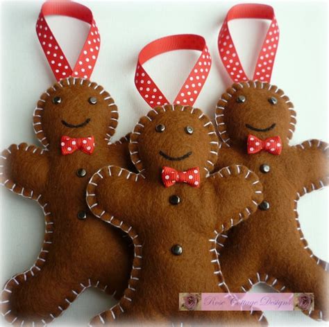 3 Felt Gingerbread Men Handmade Ornaments by rosecottagedesignss