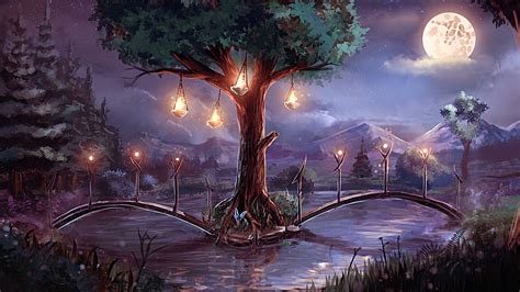 Download Tree Night Moon Full Moon Fantasy Landscape Fantasy Landscape ...