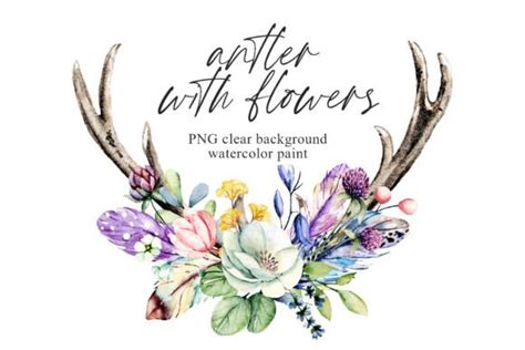 Deer Antlers with Flowers and Feathers. Graphic by Larisa Maslova ...