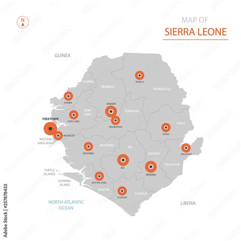 Stylized vector Sierra Leone map showing big cities, capital Freetown ...