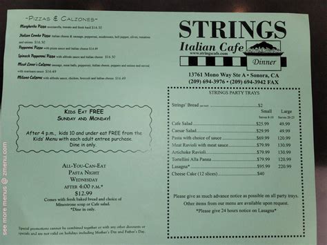 Menu at Strings Italian Cafe, Sonora