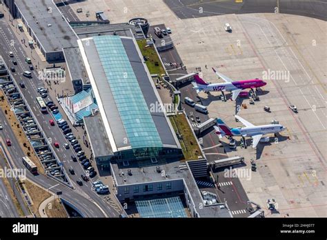 Aerial view, Dortmund Airport with reception building and terminal building, Eurowings and Wizz ...