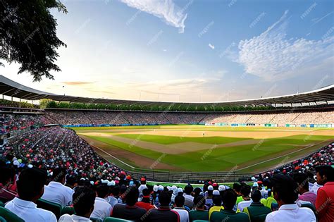 Premium Photo | A picturesque cricket stadium with a lush green field and a vibrant crowd of ...