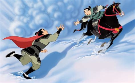Mulan as Ping on her horse, Khan to try to save Shang from the avalanche | Disney horses, Mulan ...
