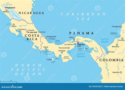 Costa Rica And Panama, Isthmus Of Panama And Darien Gap, Political Map ...