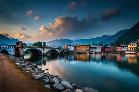 Premium Photo | Bridge over the river at sunset