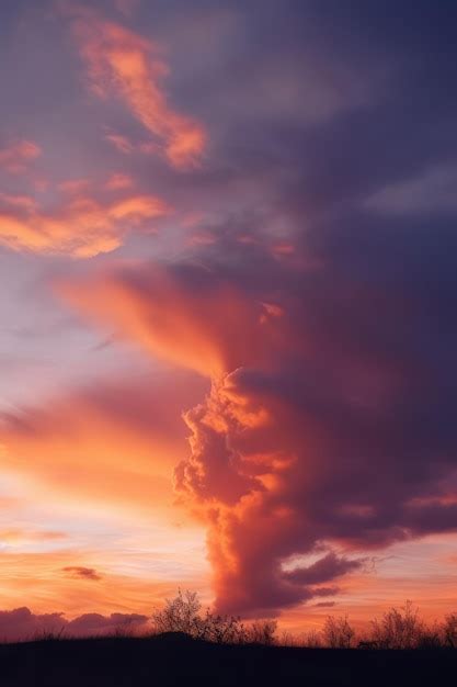 Premium Photo | A sunset with a big cloud in the sky over a field