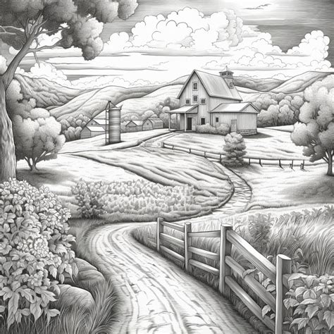 Premium AI Image | A drawing of a rural scene with a farm and a road generative ai